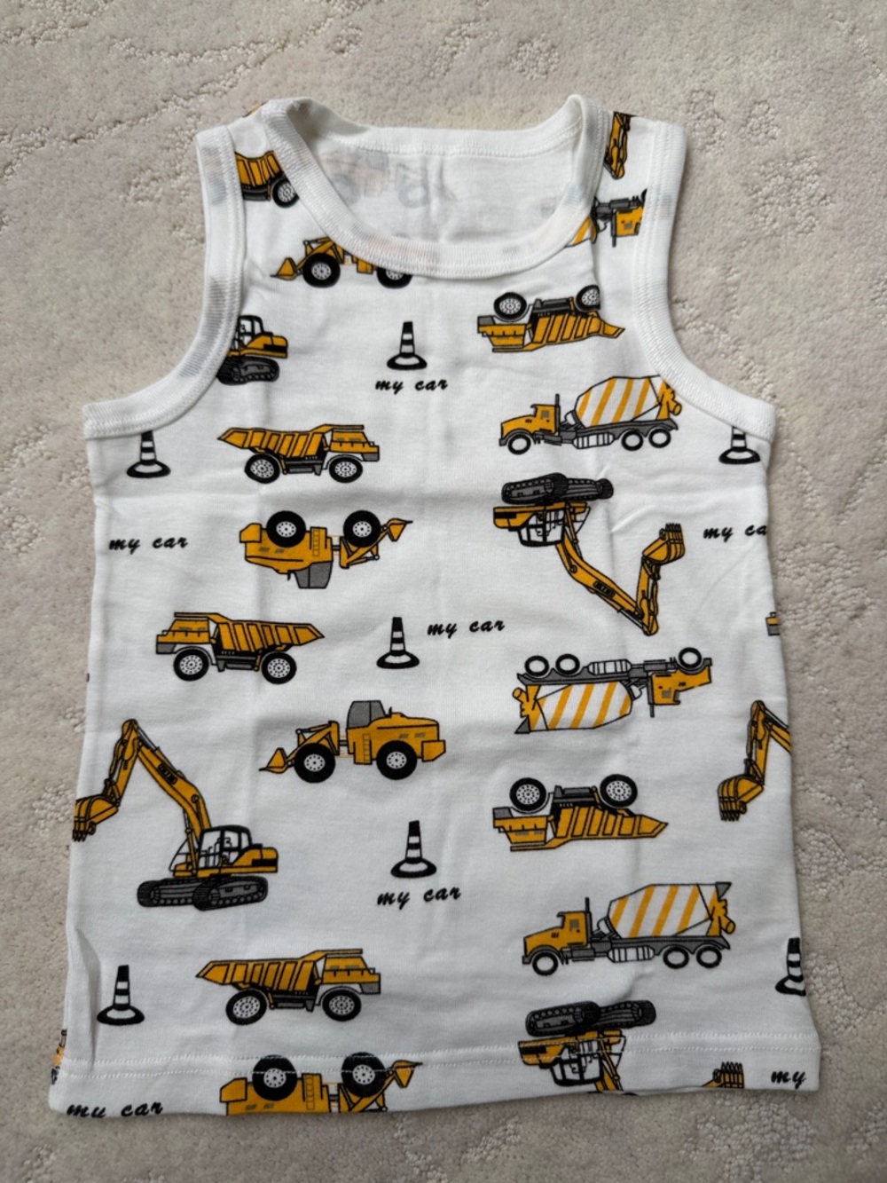 2T Boys White Tank Top with Yellow Construction Trucks, NWOT